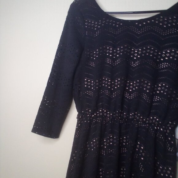 As U Wish Dress Women S Eyelet Lined 3/4 Sleeve Black Pink - Picture 3 of 13